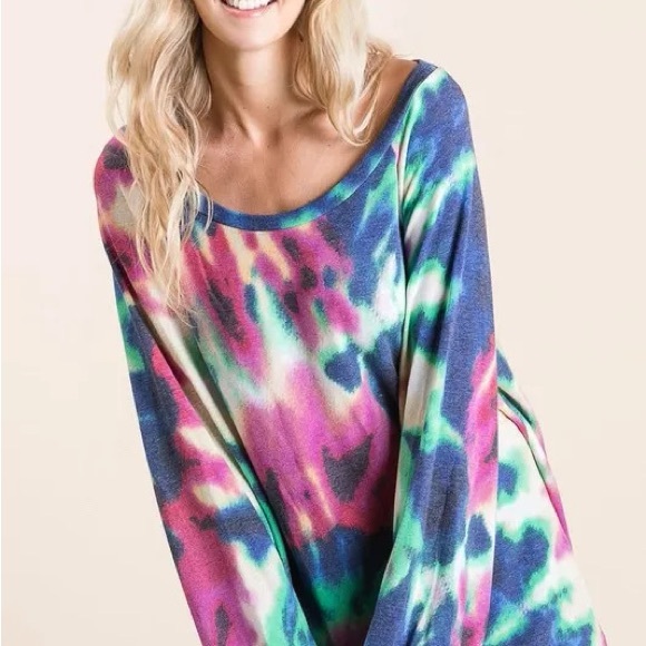 BiBi Tie Dye Print Terry Top with Puff Sleeves - Picture 9 of 10